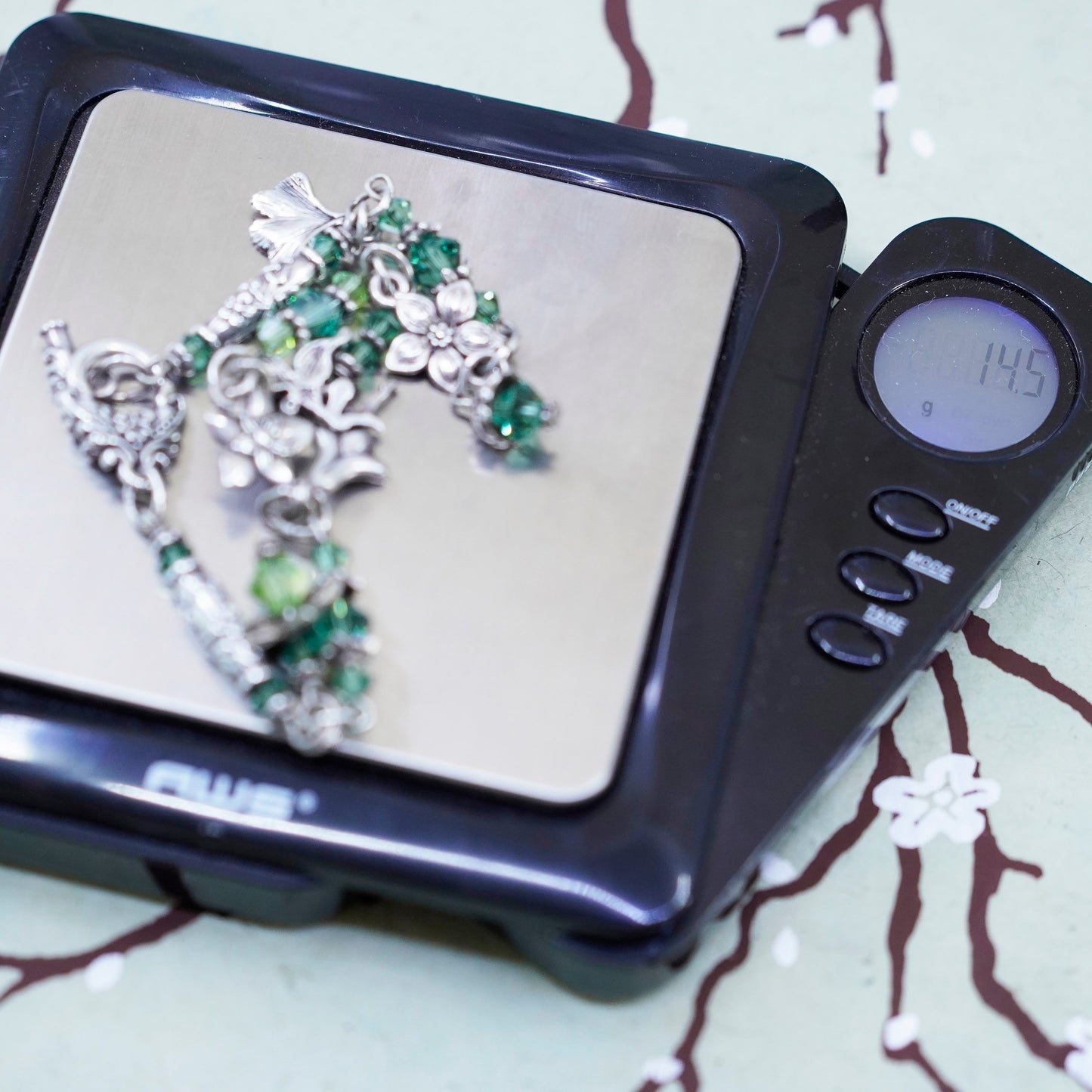 7”, Sterling 925 silver beads bracelet fairy flower charms green crystal