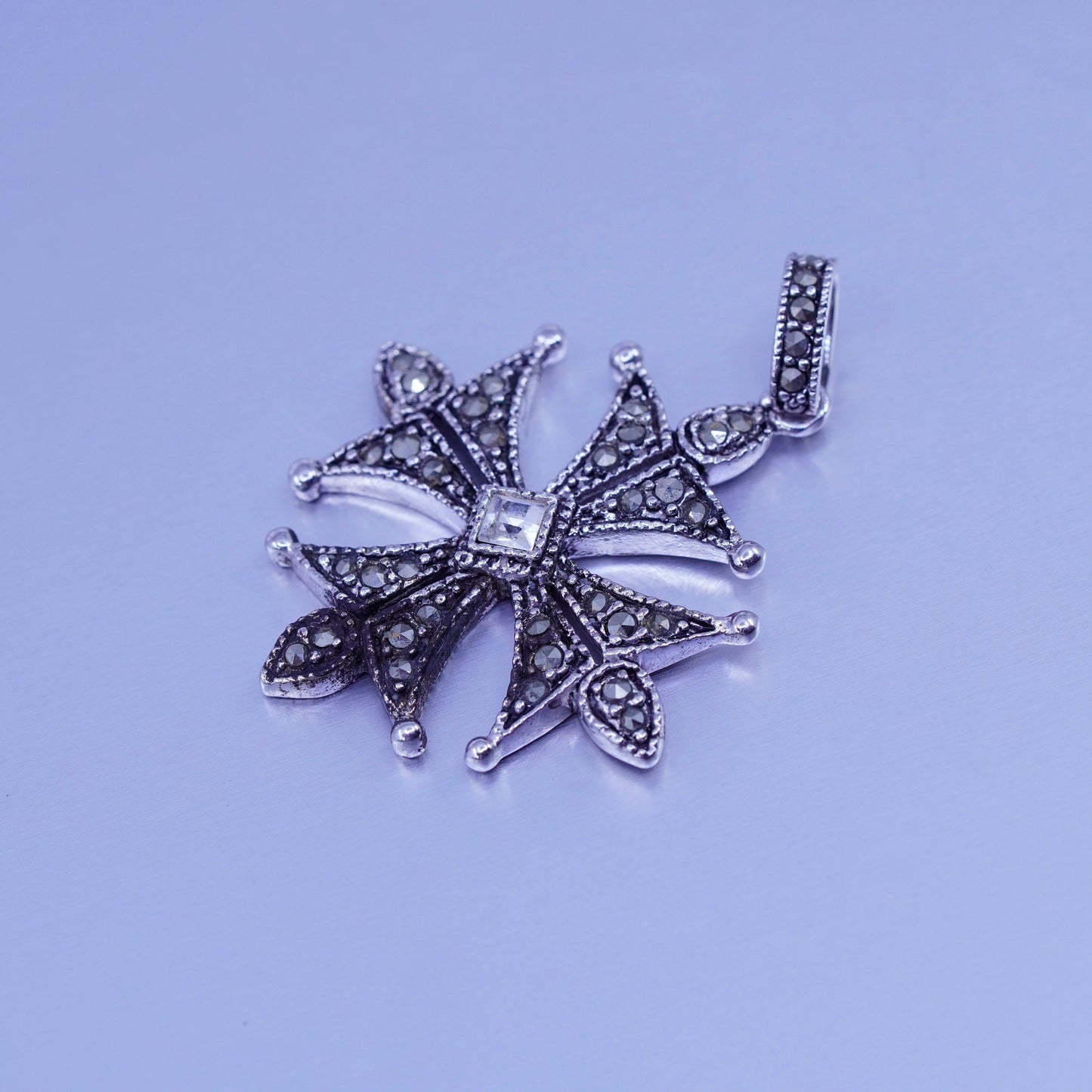 Antique silver tone cross pendant with Marcasite and cz