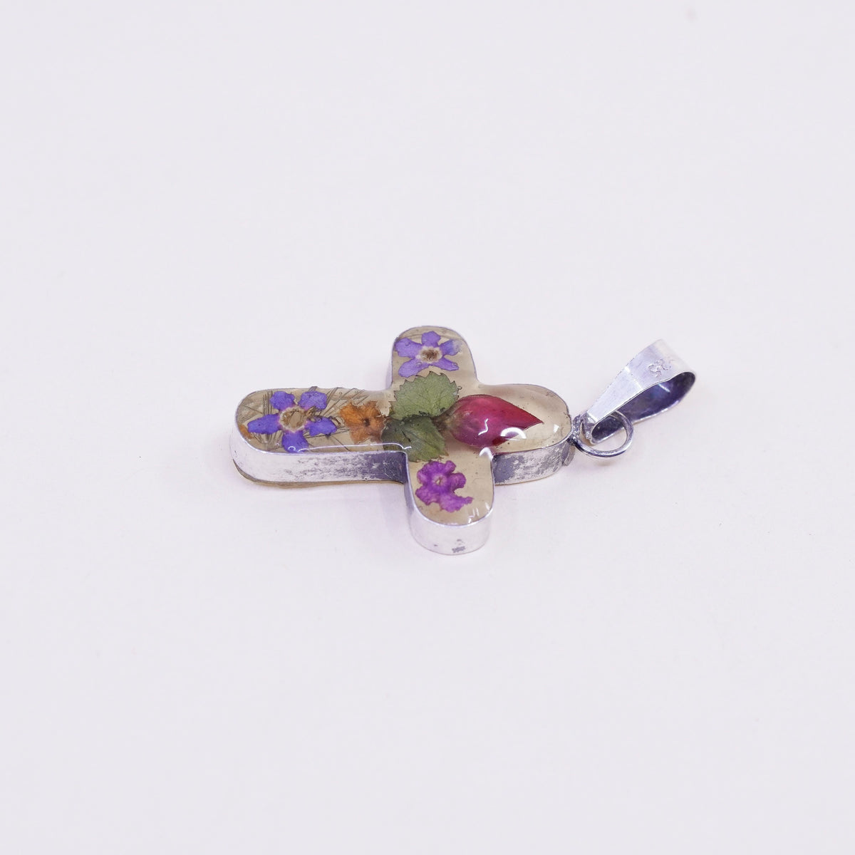Vintage Sterling silver handmade pendant, mexico 925 resin cross with flower