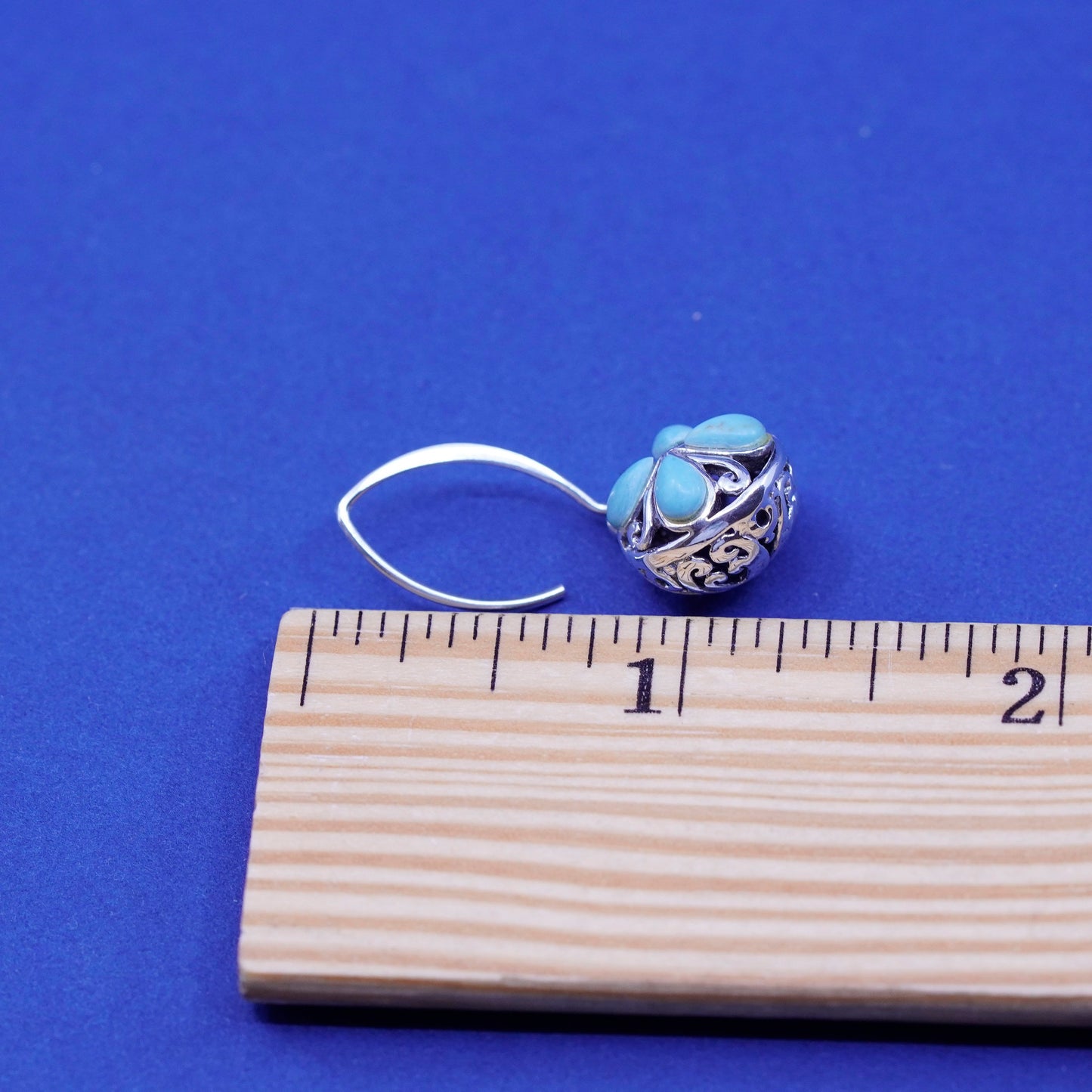 Vintage CFJ sterling 925 silver handmade filigree bead earrings with turquoise