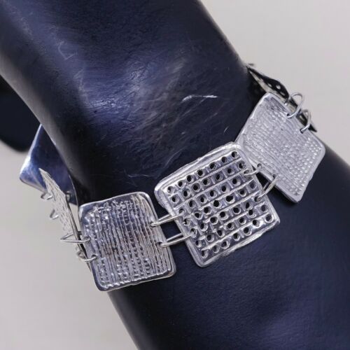 7”, Vintage Sterling Silver Handmade Bracelet, 925 Hammered Square Cookie Link