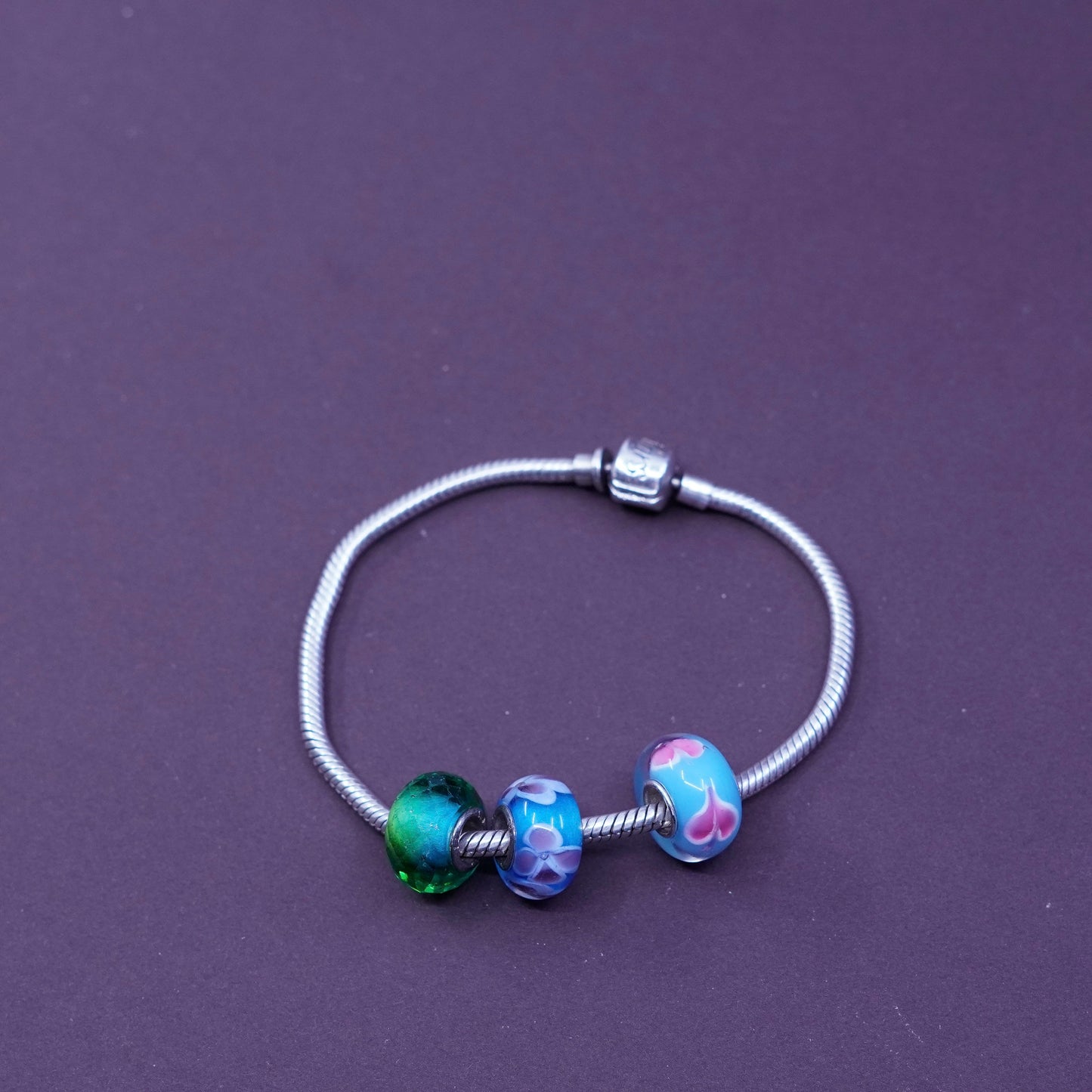 6.5”, sim stars sterling silver bracelet, 925 snake chain w/ Murano glass charm
