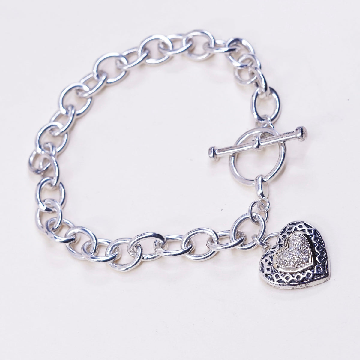 7”, 14K gold w/ sterling silver bracelet, 925 circle chain w/ heart charm