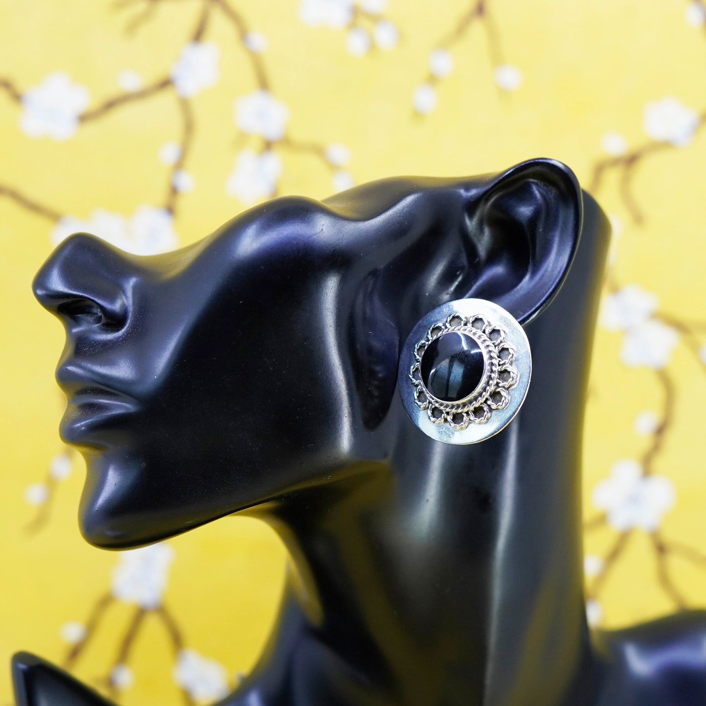 Mexico Sterling silver earrings, huge 925 studs with round obsidian and cable