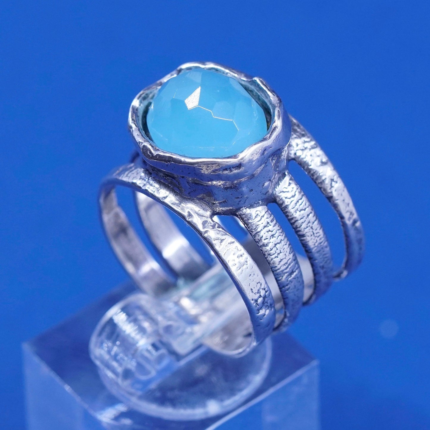 sz 9.5, vtg Israel sterling 925 silver handmade ring with aqua blue chalcedony