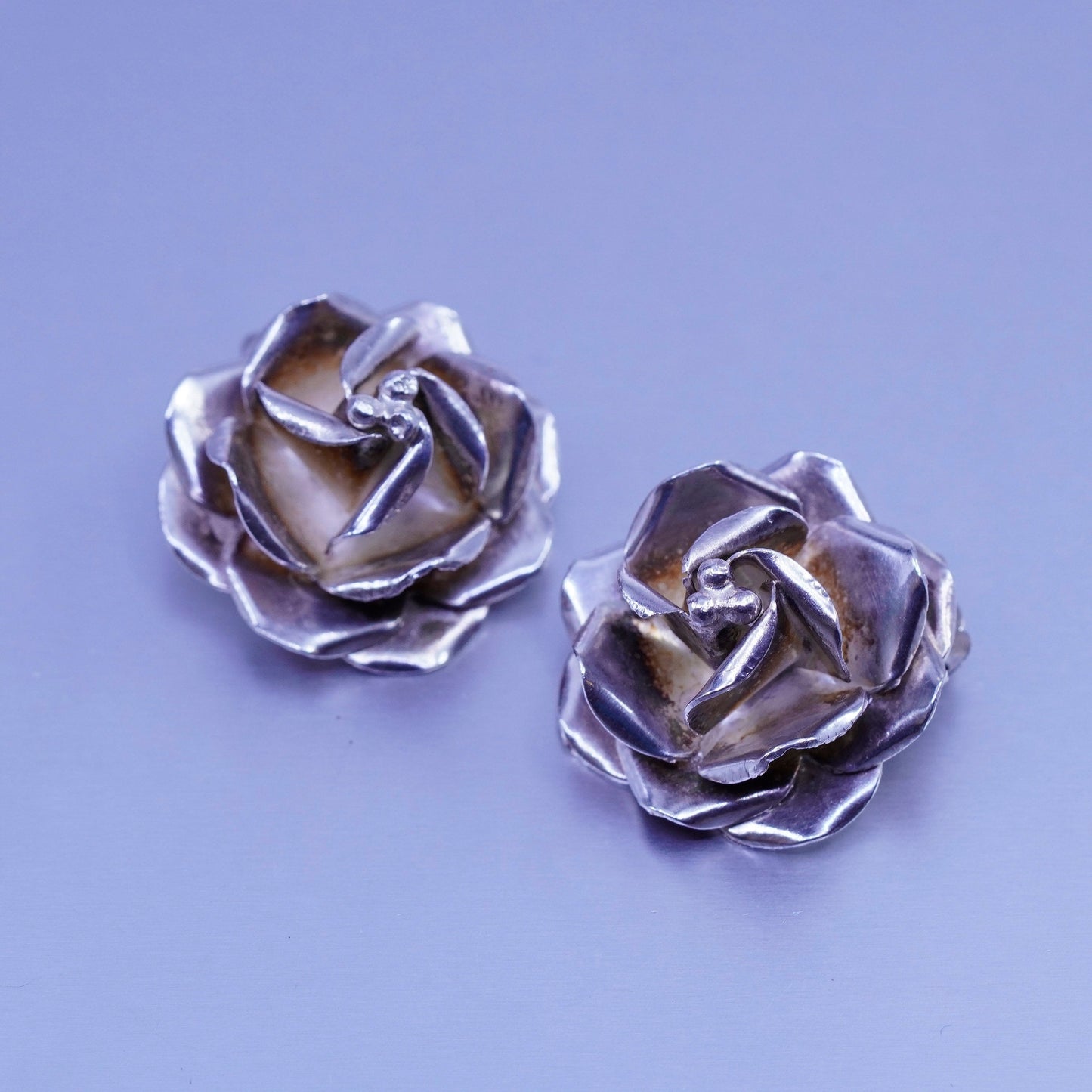 Vintage Mexico Sterling 925 silver handmade earrings, rose flower clip on