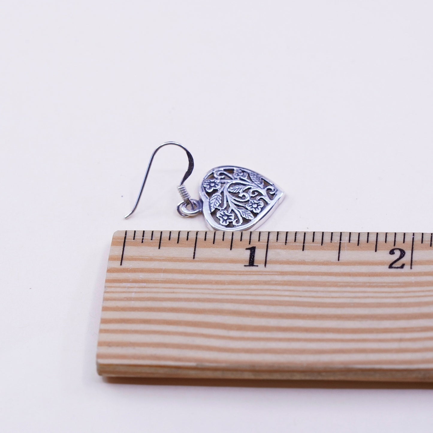 Vintage sterling silver handmade earrings, floral 925 filigree heart