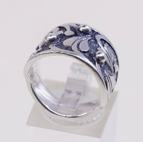 Sz 7.25, Silpada 925 Sterling Silver Handmade Band Ring Embossed Leaves N Beads