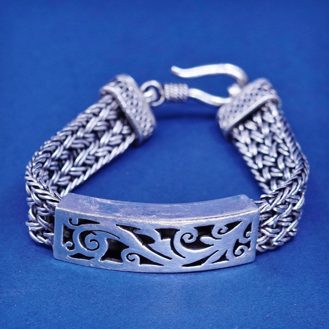 6.5”, vtg Sterling silver handmade bracelet, 925 wheat chain w/ swirl bar
