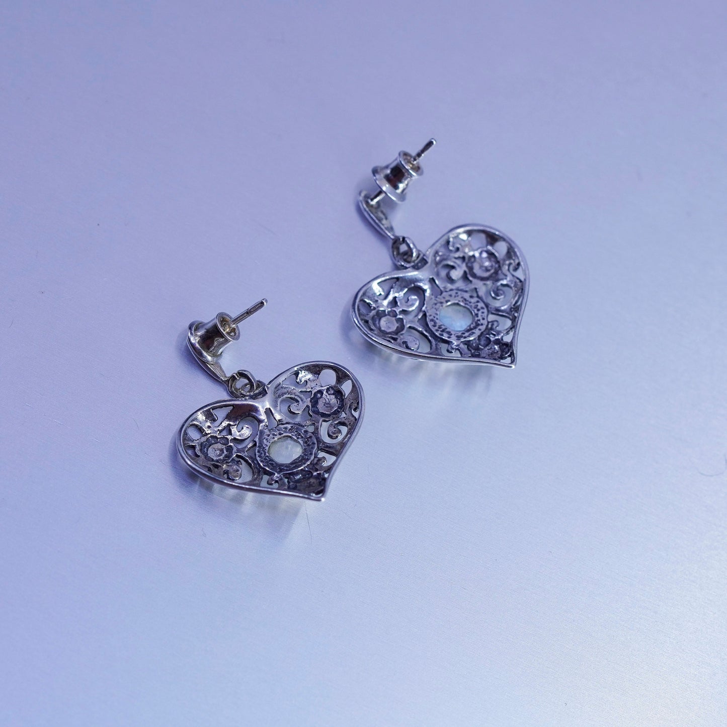 Vintage Sterling 925 silver handmade filigree heart earrings with moonstone
