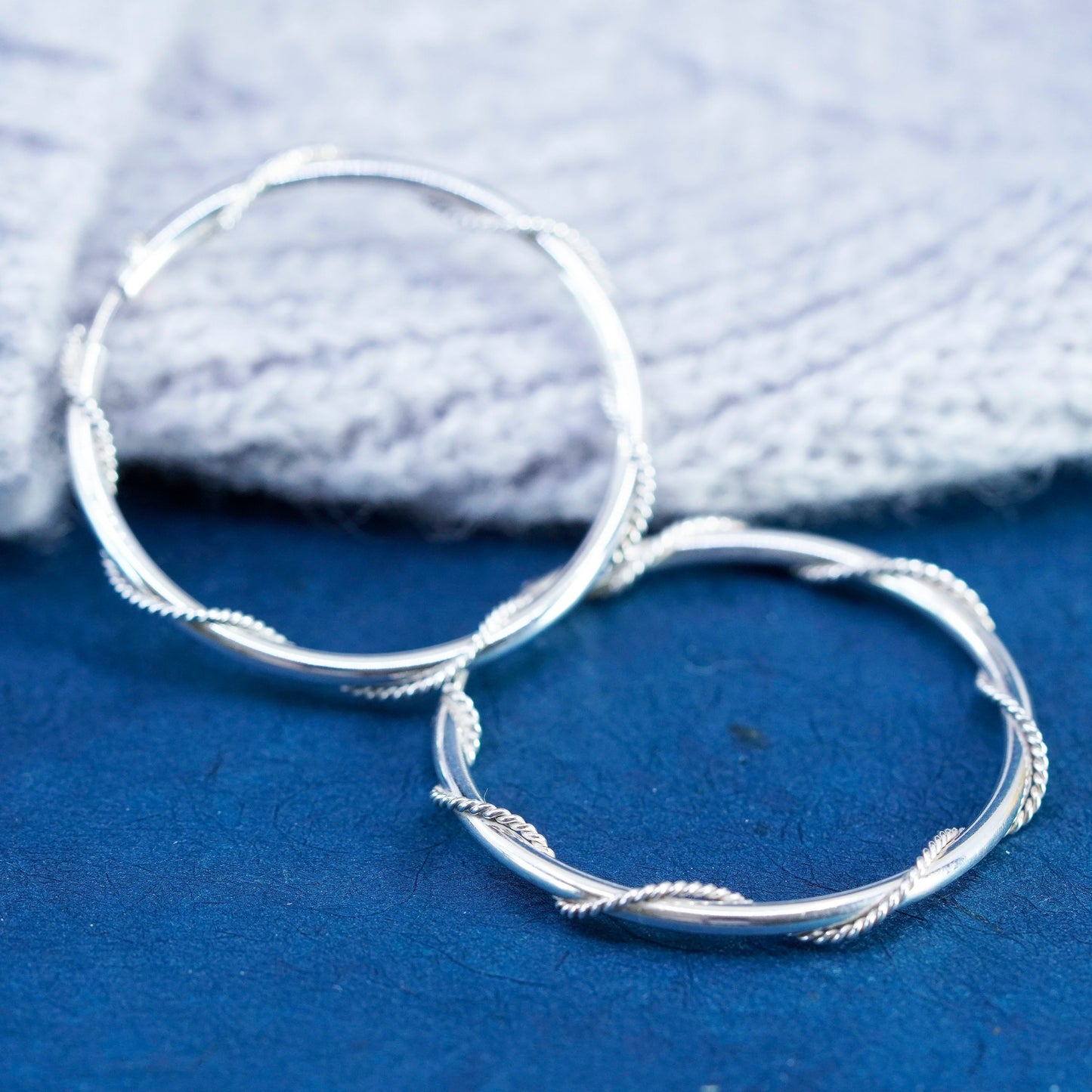 1.5”, vintage Sterling silver handmade hoop, 925 earrings with cable around