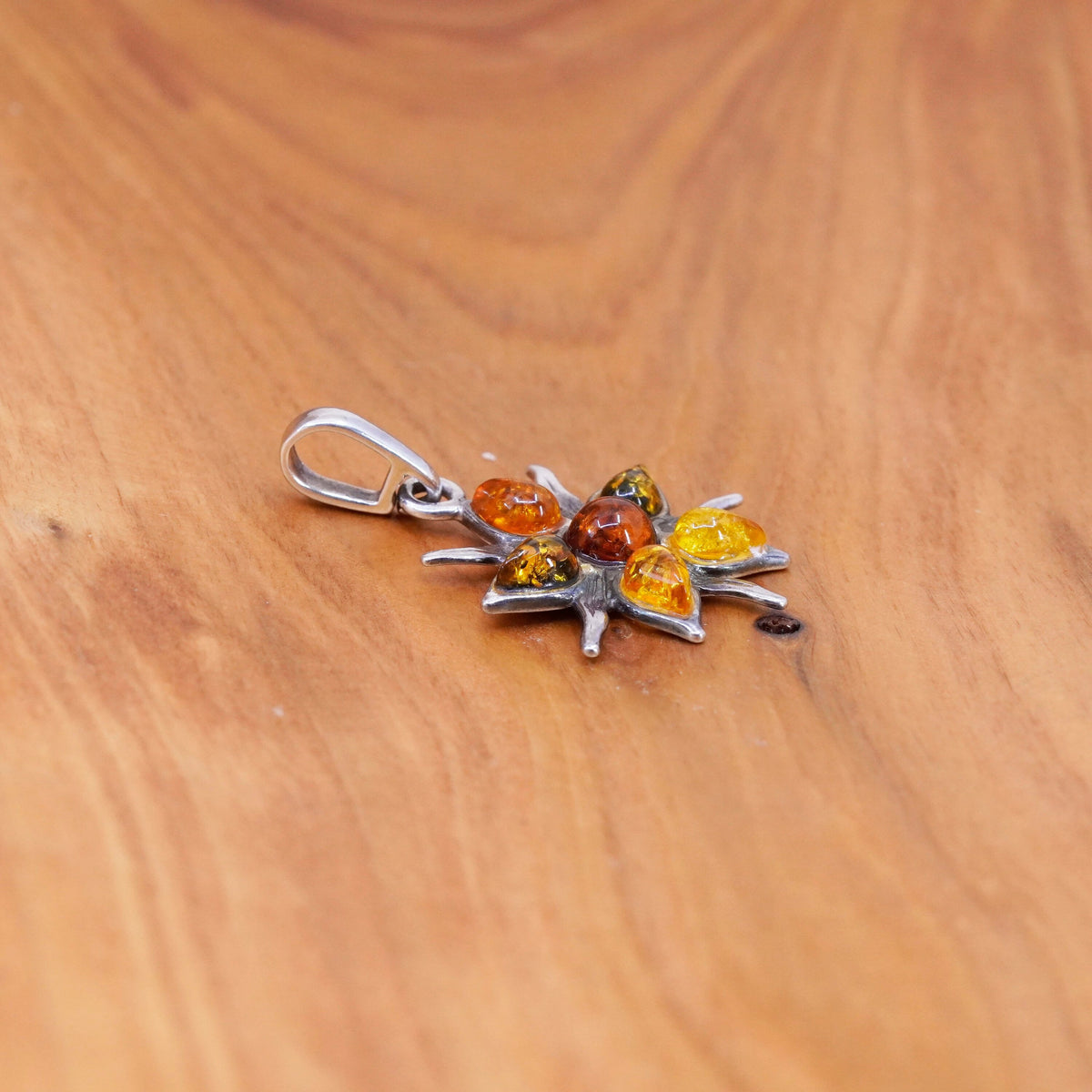 Vintage Sterling 925 silver handmade Sun flower charm pendant with Amber