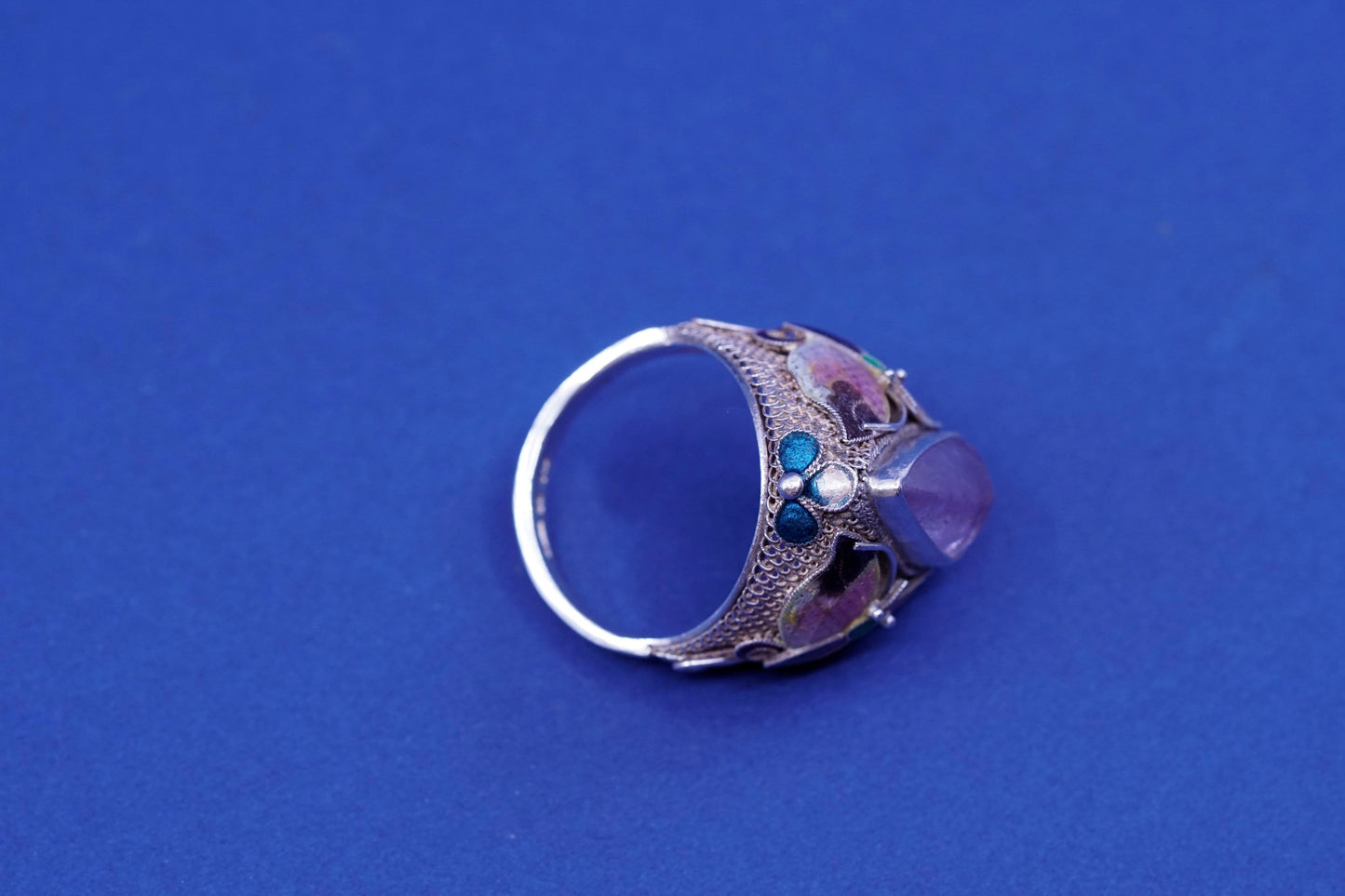 sz 11, gold over Sterling 925 silver ring w/ amethyst and enamel butterfly