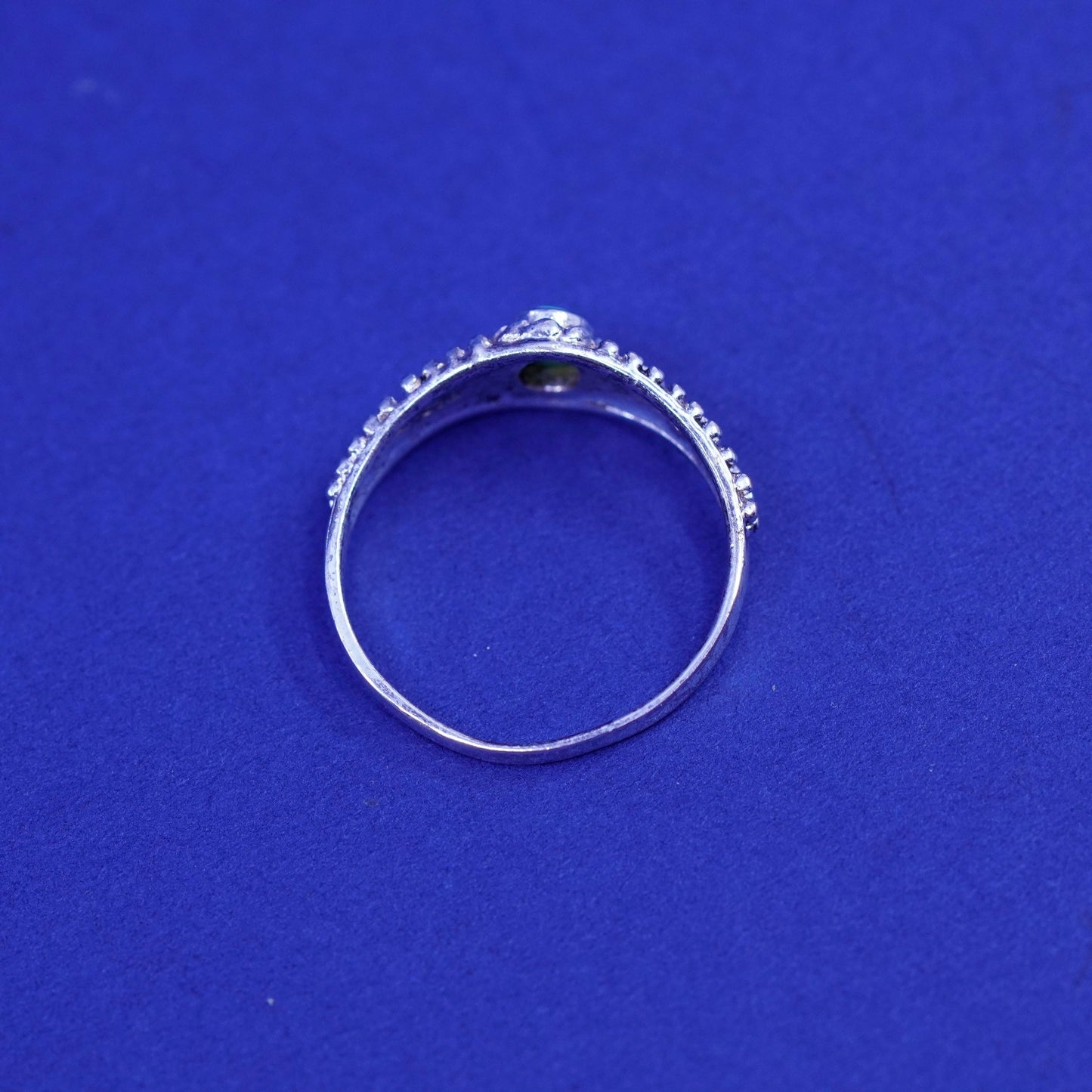 Size 8, vintage sterling silver handmade ring, 925 filigree band with blue onyx