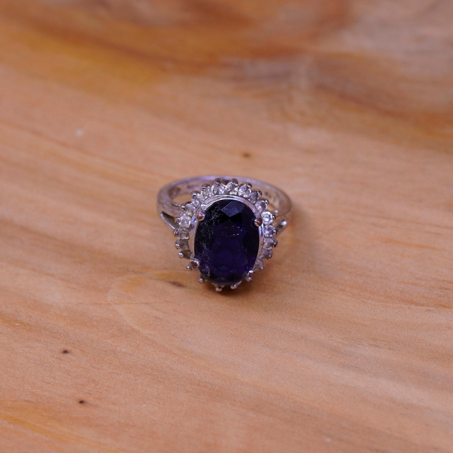 Size 7, vintage Sterling silver handmade ring, 925 with crystal and sapphire