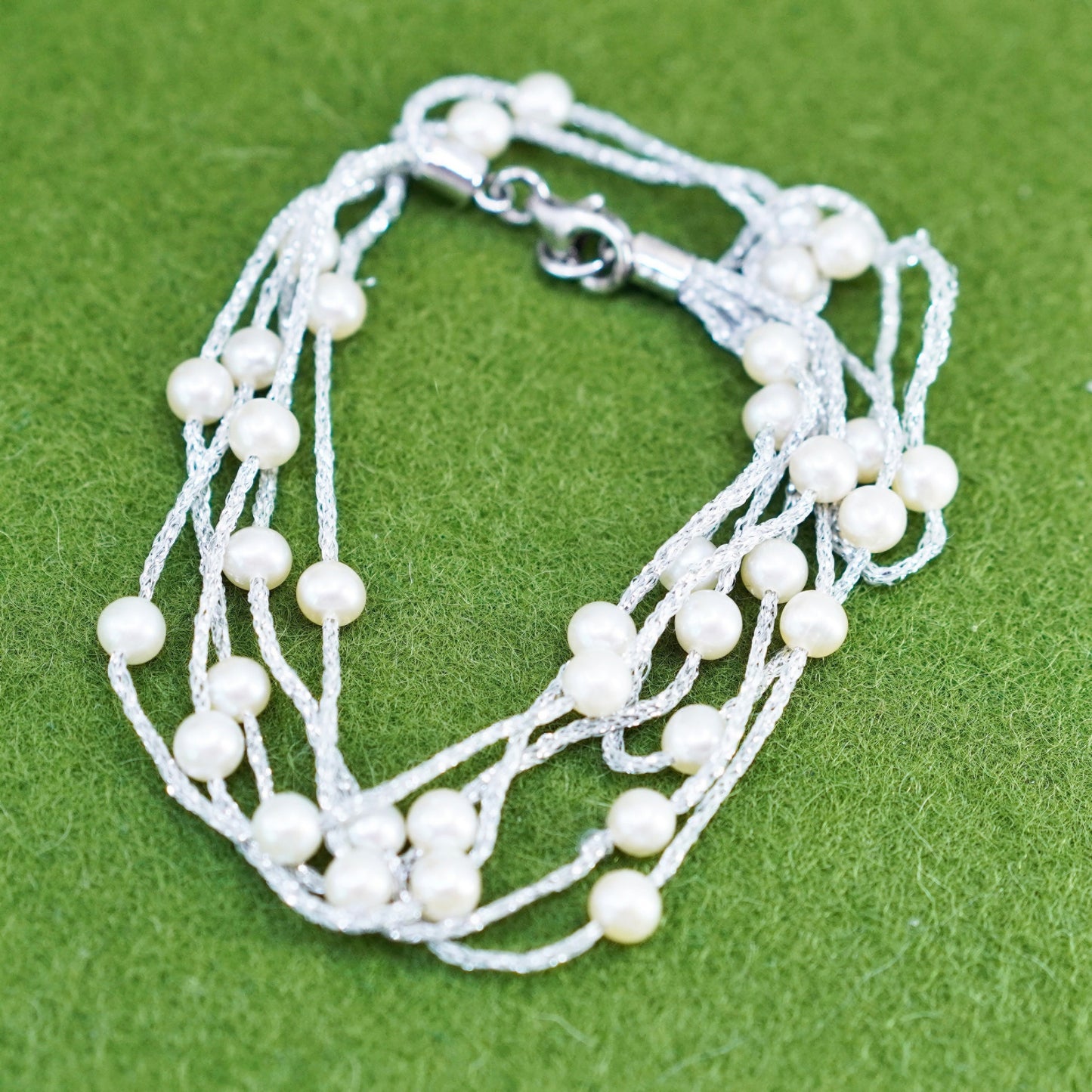 7”, Italy multi strands 925 sterling silver bracelet, silver fiber chain pearl