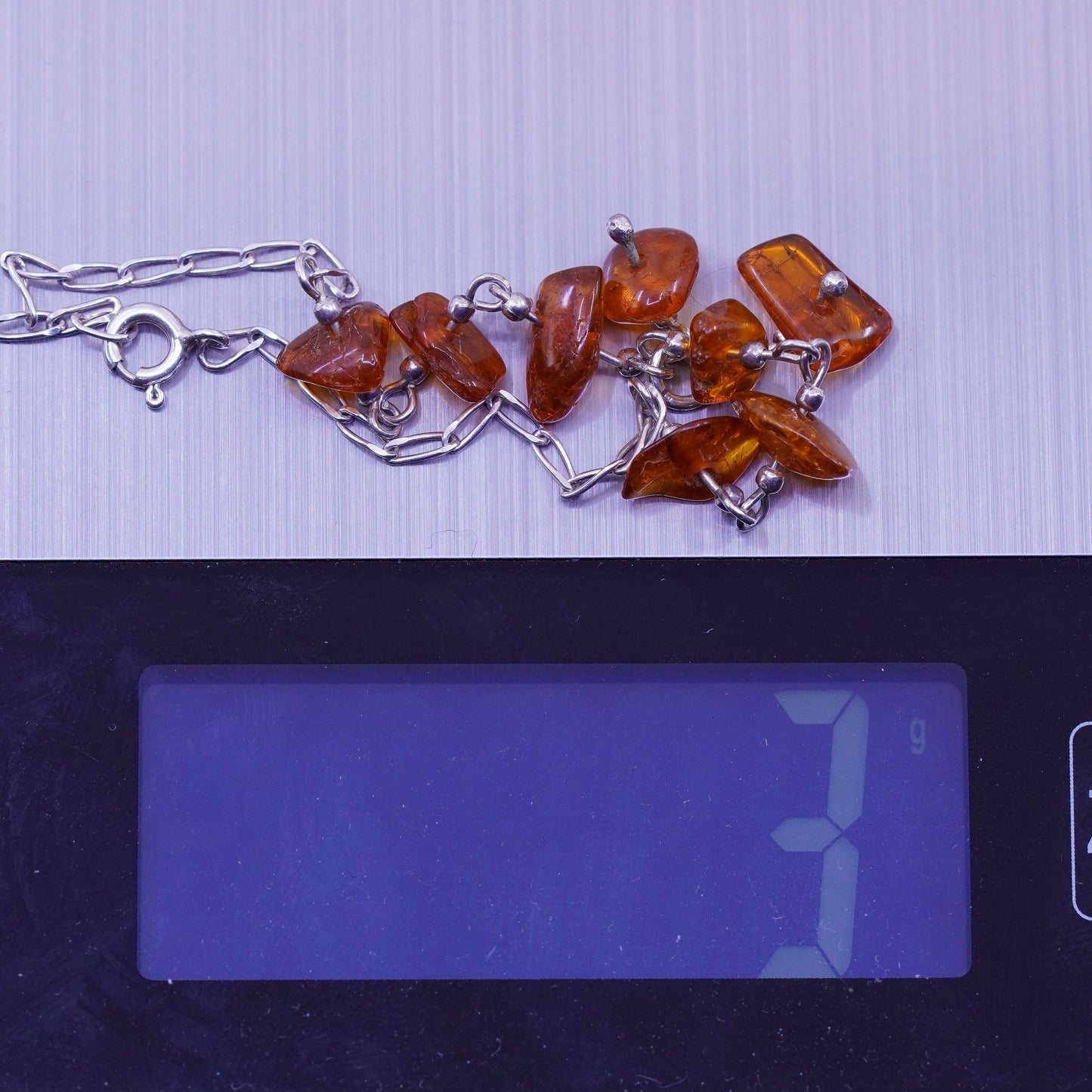 6.5”, Vintage sterling 925 silver handmade tennis bracelet with nugget amber