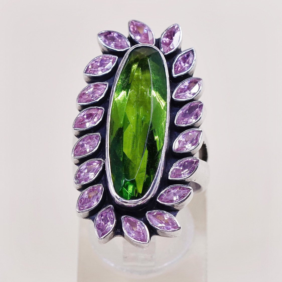 sz 6.25, sterling 925 silver handmade statement ring, peridot n pink crystal
