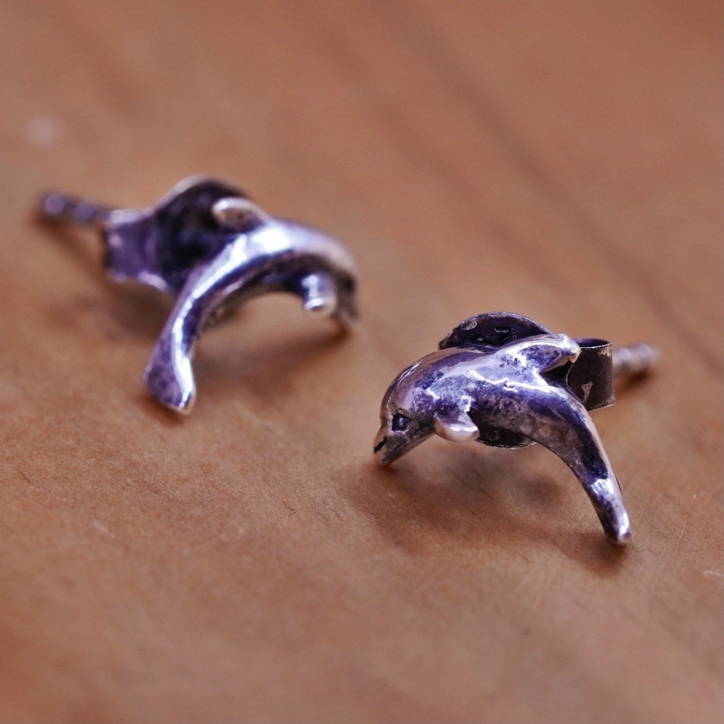 Vintage Sterling silver handmade earrings, 925 dolphin studs