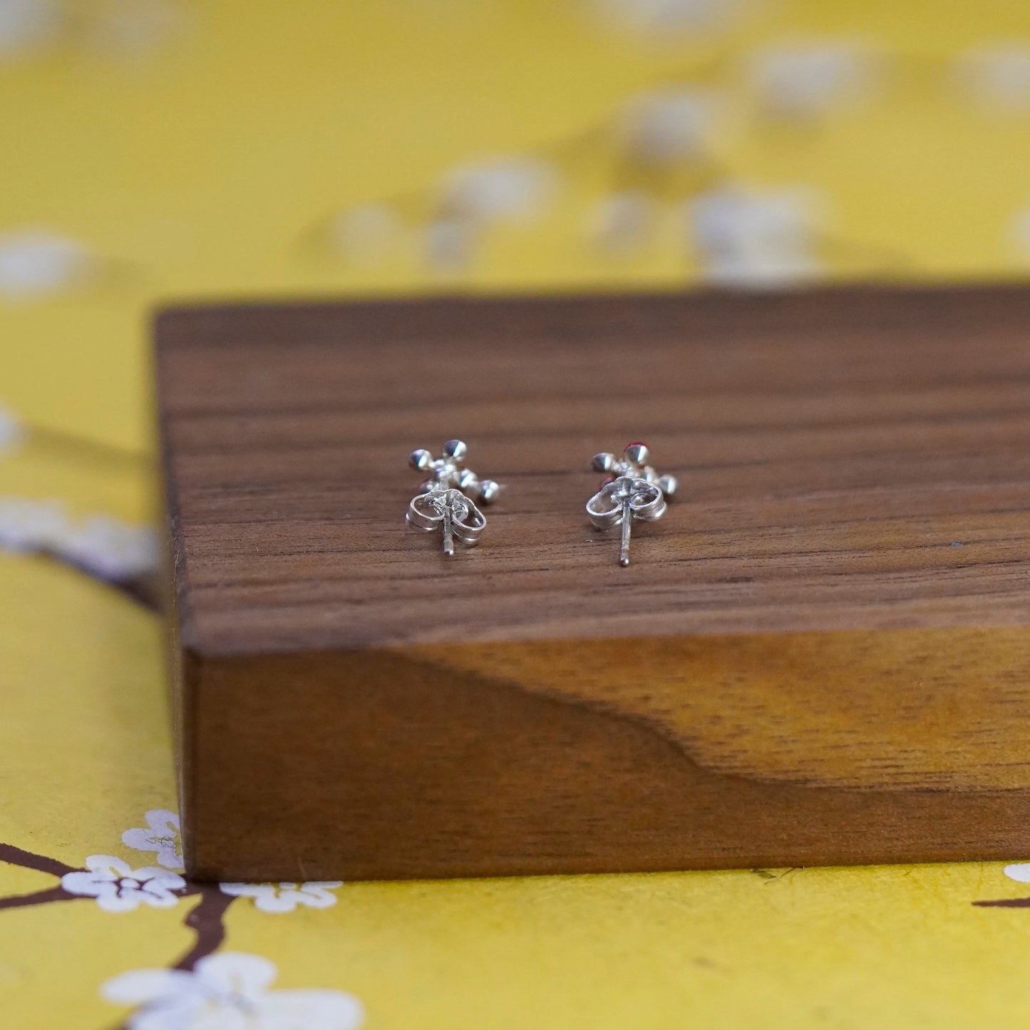 Vintage Sterling silver handmade earrings, 925 cross studs with red cz