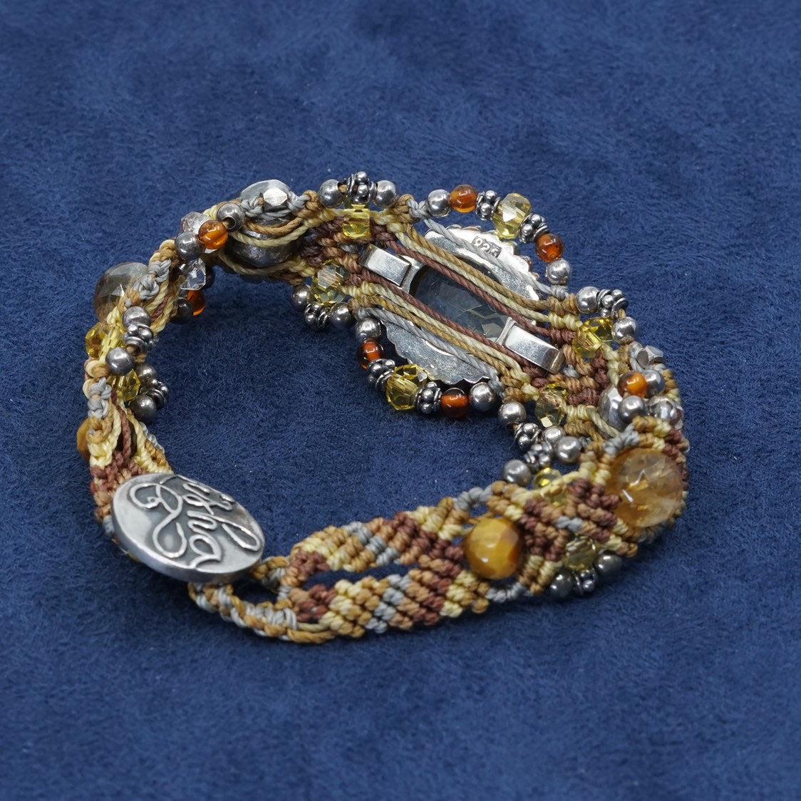 6.25", vtg Sterling silver handmade bracelet, 925 w/ citrine N linen braided