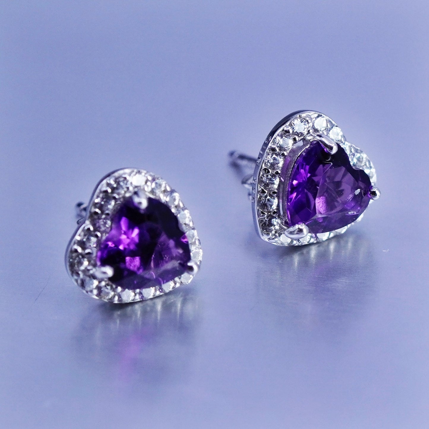 Vintage Sterling 925 silver earrings, studs with heart amethyst and cz around