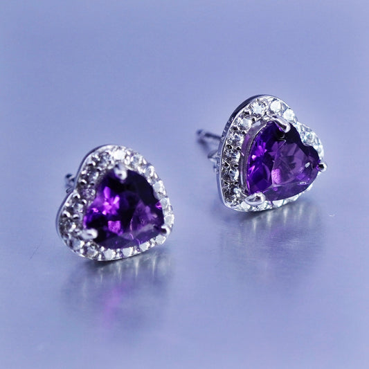 Vintage Sterling 925 silver earrings, studs with heart amethyst and cz around