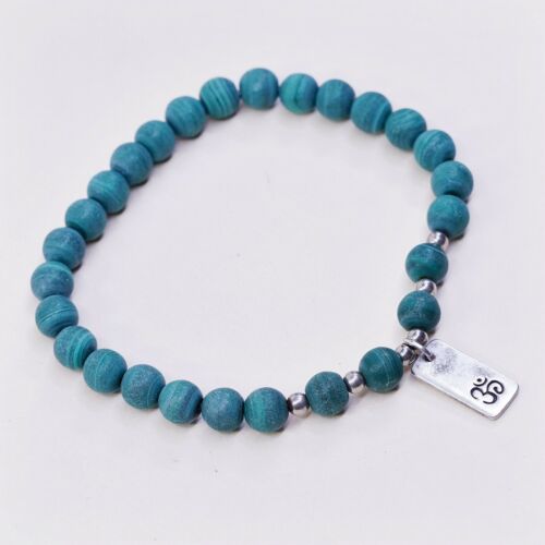 6.5”, Vtg Handmade Malachite Beads Bracelet W/ Elastic Band N 925 Om Aum Tag