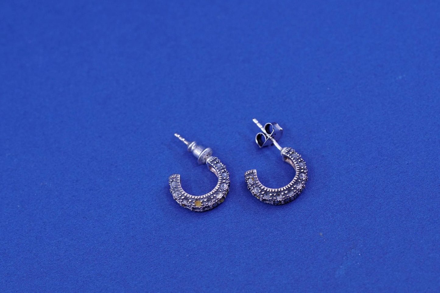 0.5”, Sterling silver handmade earrings, 925 hoops w/ marcasite details, huggie