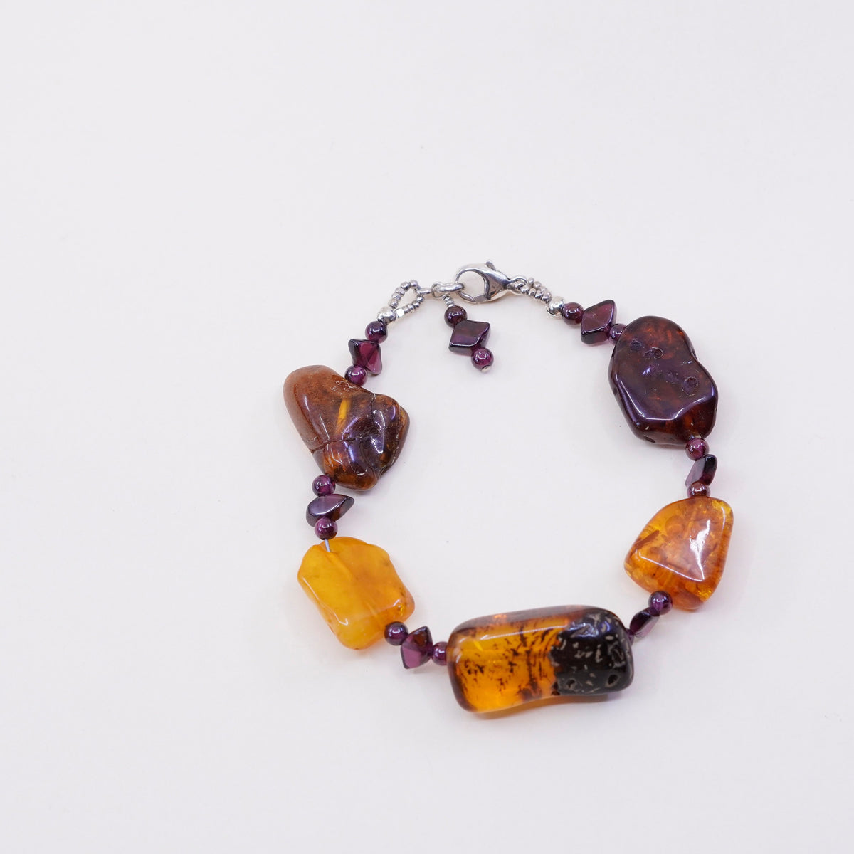 6.5”, Vintage sterling 925 silver handmade bracelet with honey amber nugget