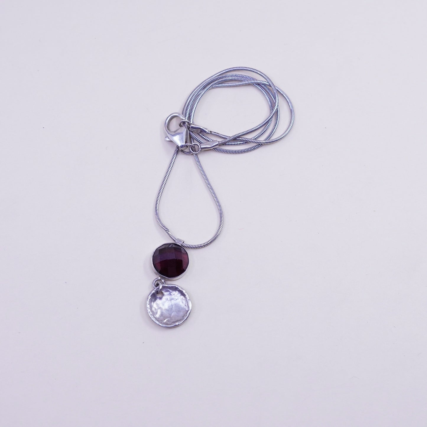 16” silpada 925 Sterling Silver snake Chain Necklace circle disc garnet Pendant