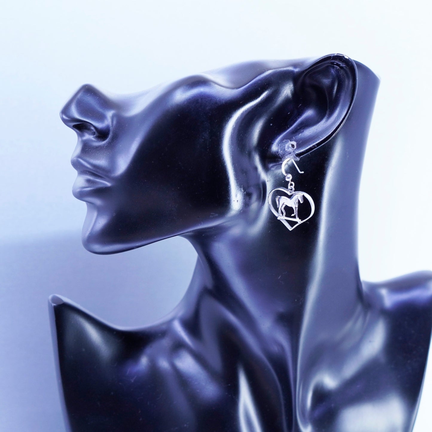 Vintage Sterling 925 silver handmade heart earrings with horse