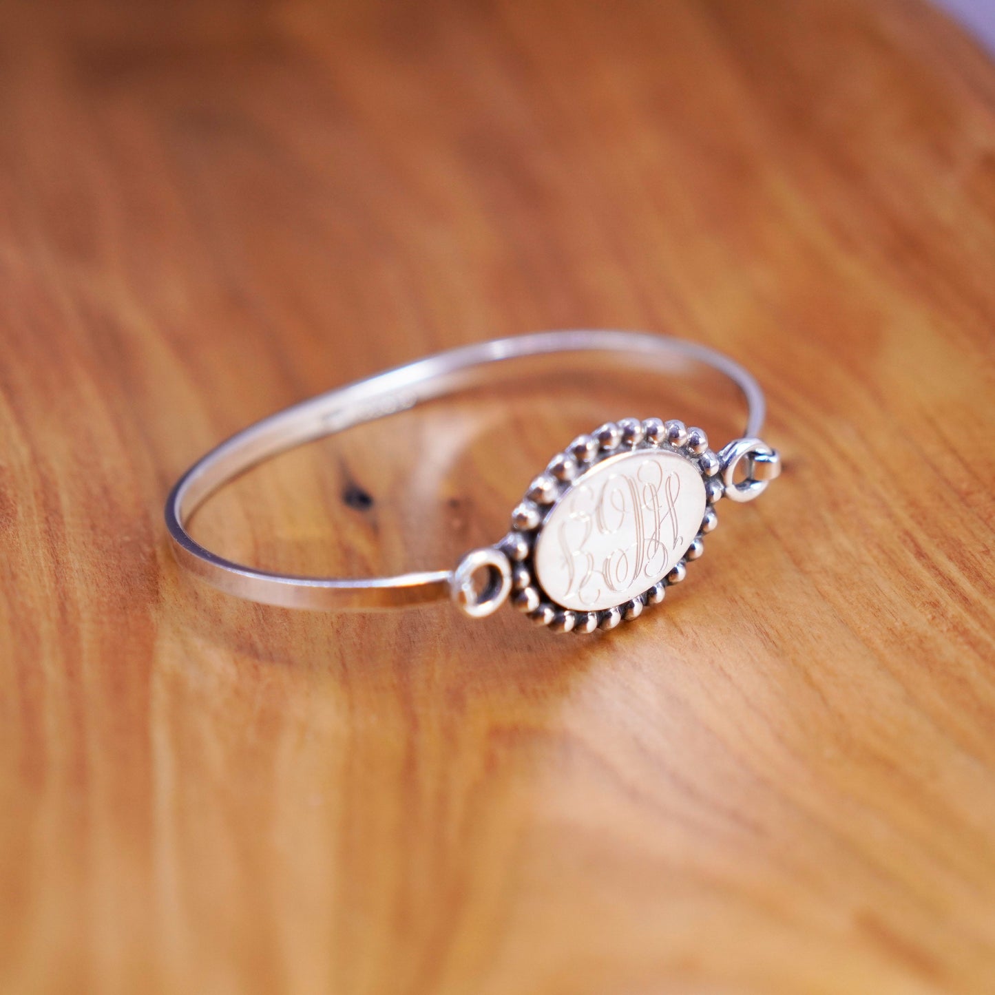 7”, antique sterling silver handmade bracelet, 925 bangle name tag monogram HCG