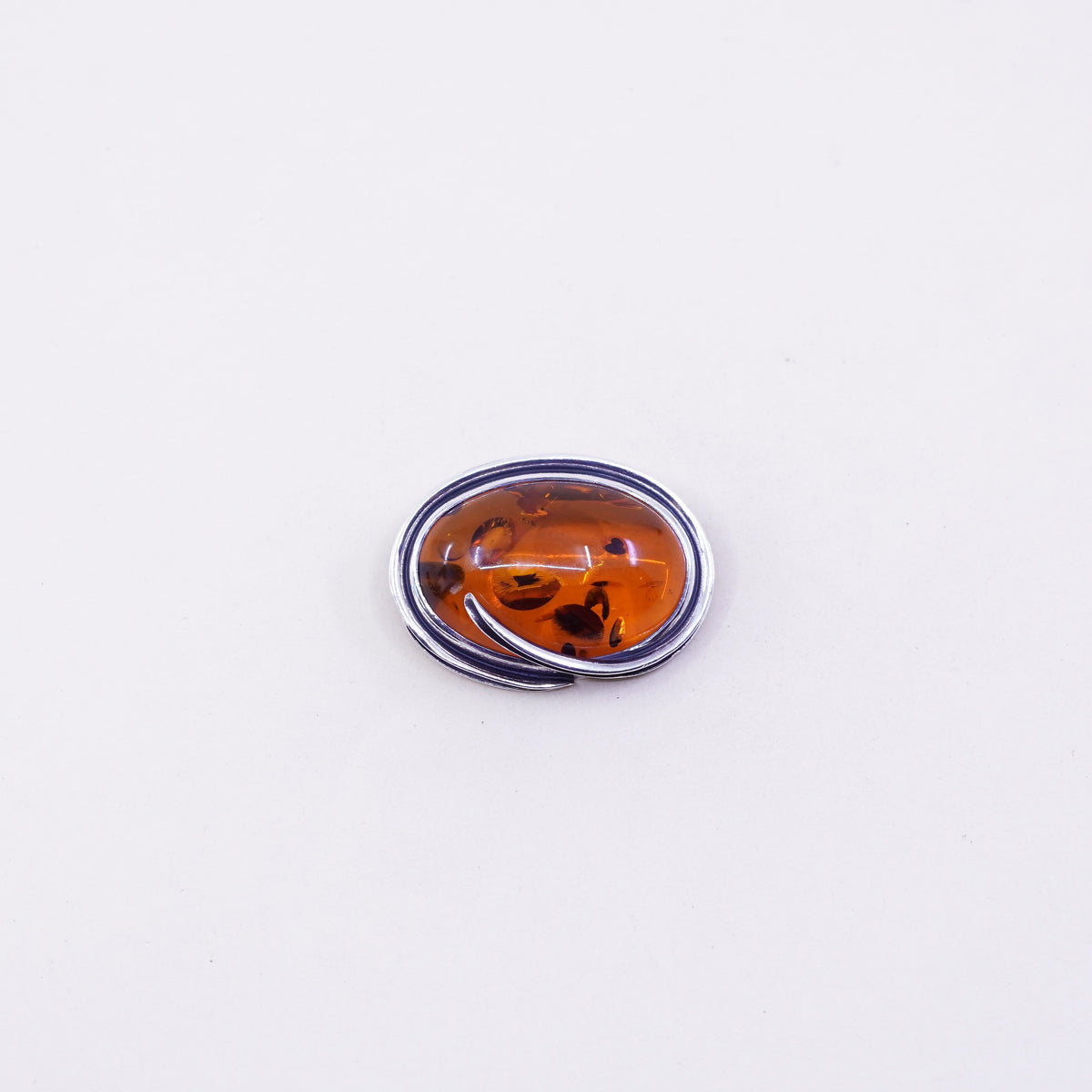 Vintage sterling silver handmade brooch, 925 oval amber pin pendant
