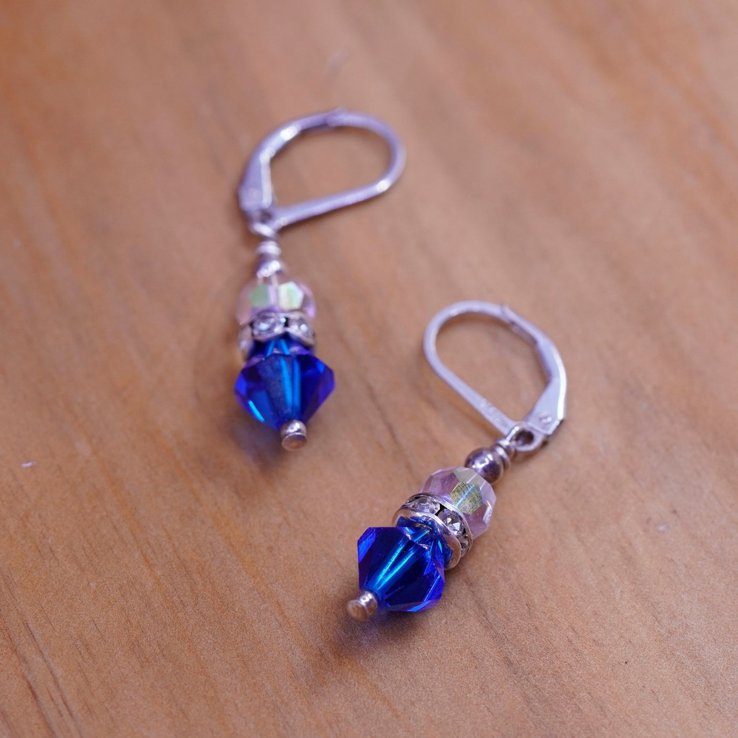 Vintage Sterling 925 silver handmade earrings with clear blue crystal