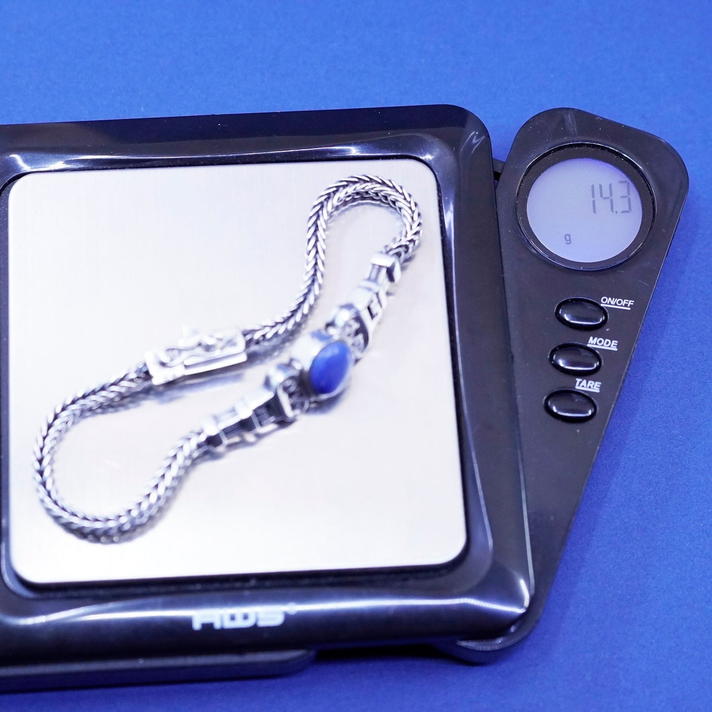 6.75”, vintage Sterling silver handmade bracelet, bold 925 wheat chain sodalite