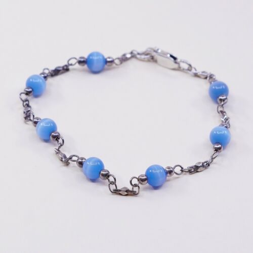 7.75”, Vtg Sterling 925 Silver Handmade Bead Bracelet, Blue Tiger’s Eye beads