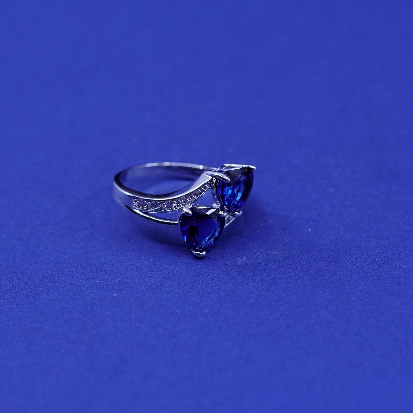 Size 6.25, Sterling 925 silver engagement ring with sapphire heart cluster Cz