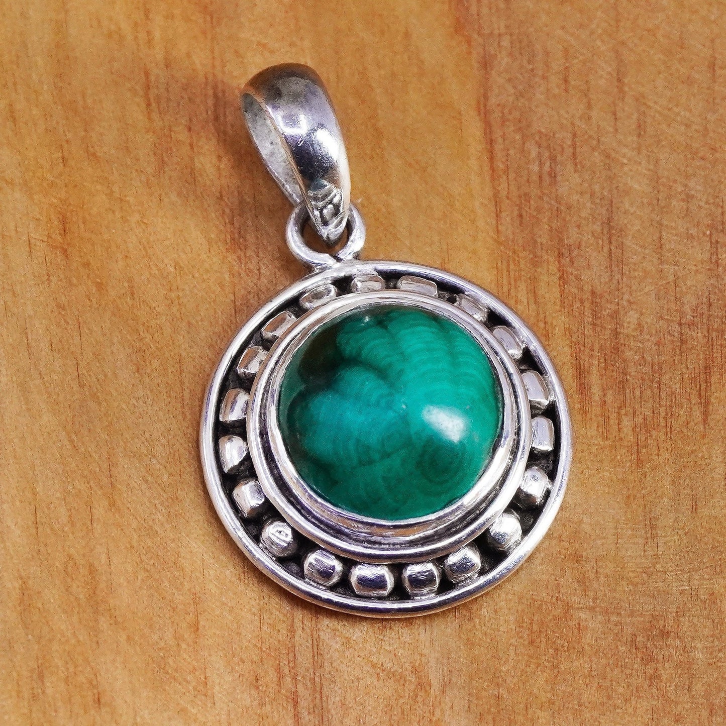 Southwestern Sterling 925 silver handmade pendant with round malachite beads