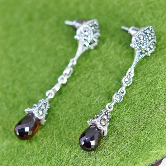 Vintage sterling 925 silver handmade earrings with teardrop garnet Marcasite