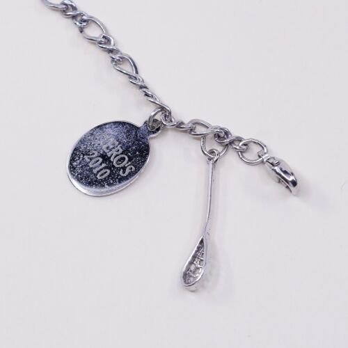 7”, 5mm, vtg Sterling Silver Bracelet, Italy 925 Figaro Chain W/ Tennis Racket