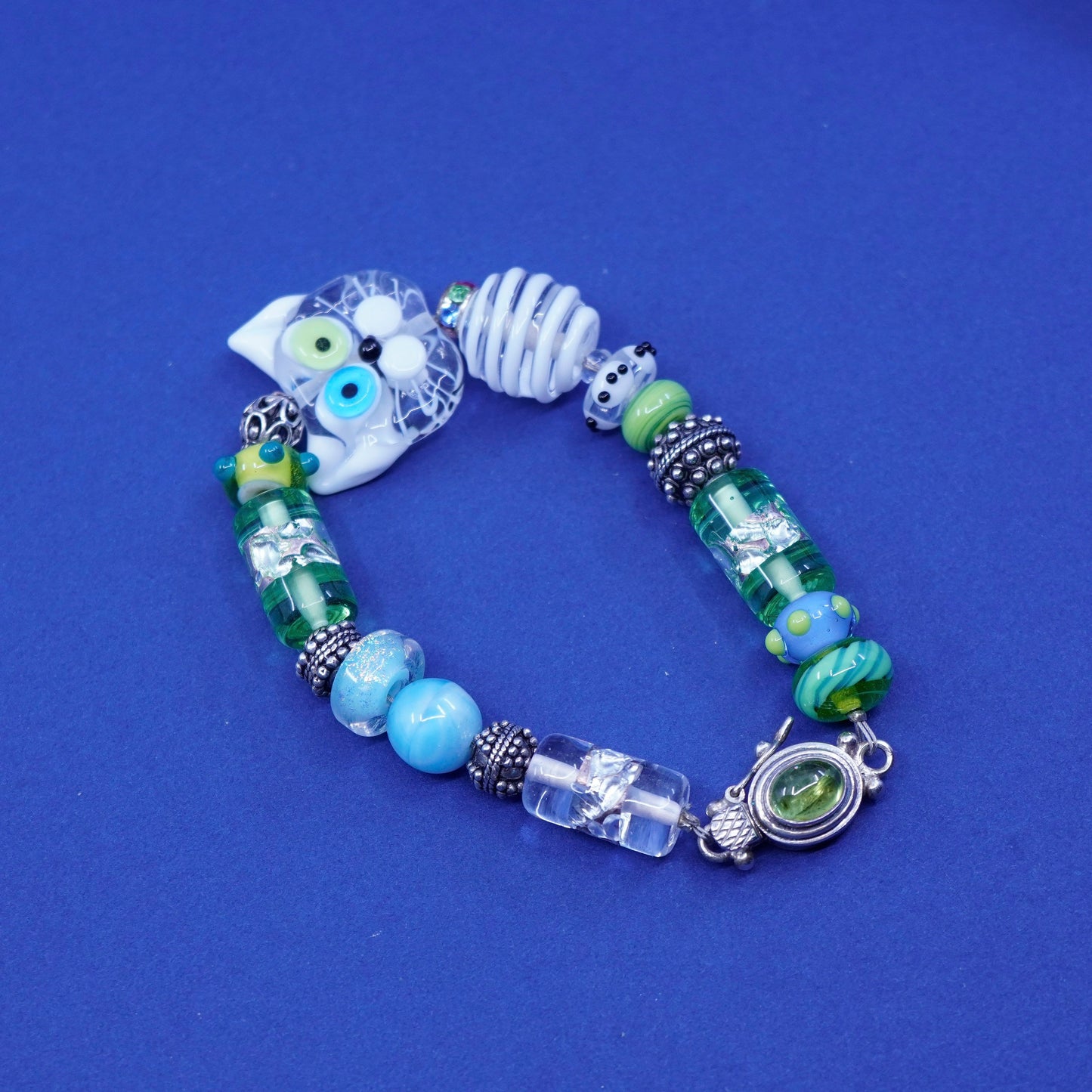 6.25”, Sterling 925 Silver handmade Lampwork Art Glass cat Toggle Bracelet