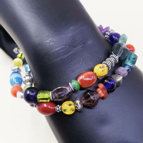 7”, Vtg Sterling Silver Handmade Bracelet, 925 Beads W/ Colorful Glass Beads