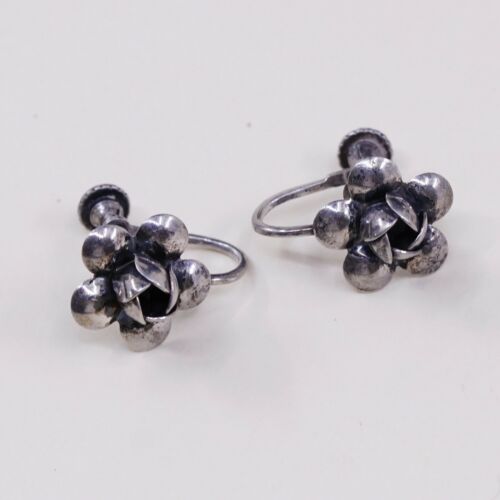 Vtg Sterling 925 Silver Handmade Screw Back Earrings Rose Flower, Stamped Sterli