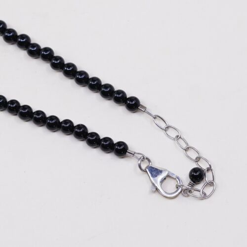 14”+2”, Vtg Sterling 925 silver Chain handmade necklace W/ Pearl N Obsidian Bead