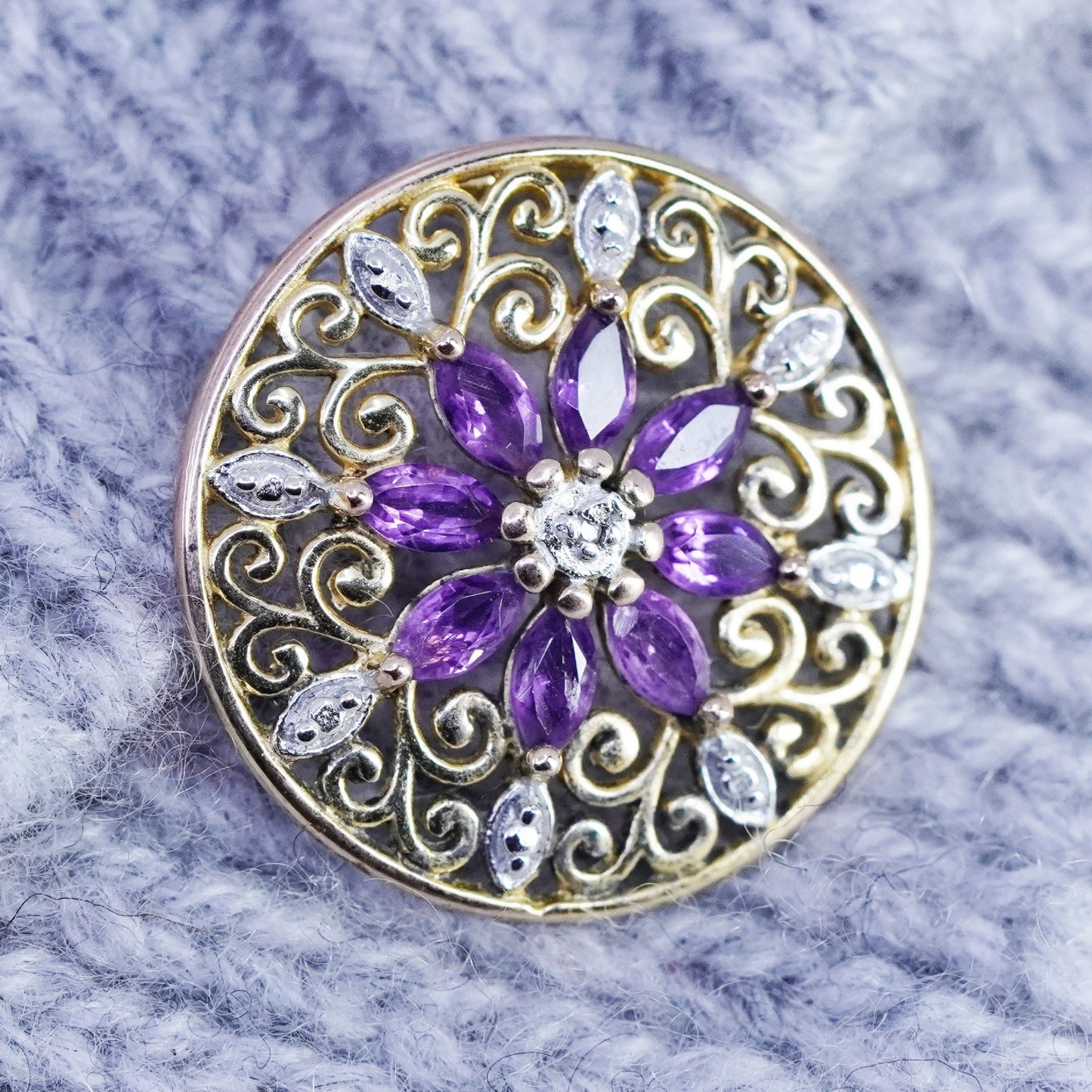 antique PAJ vermeil gold sterling 925 silver flower pendant amethyst diamond