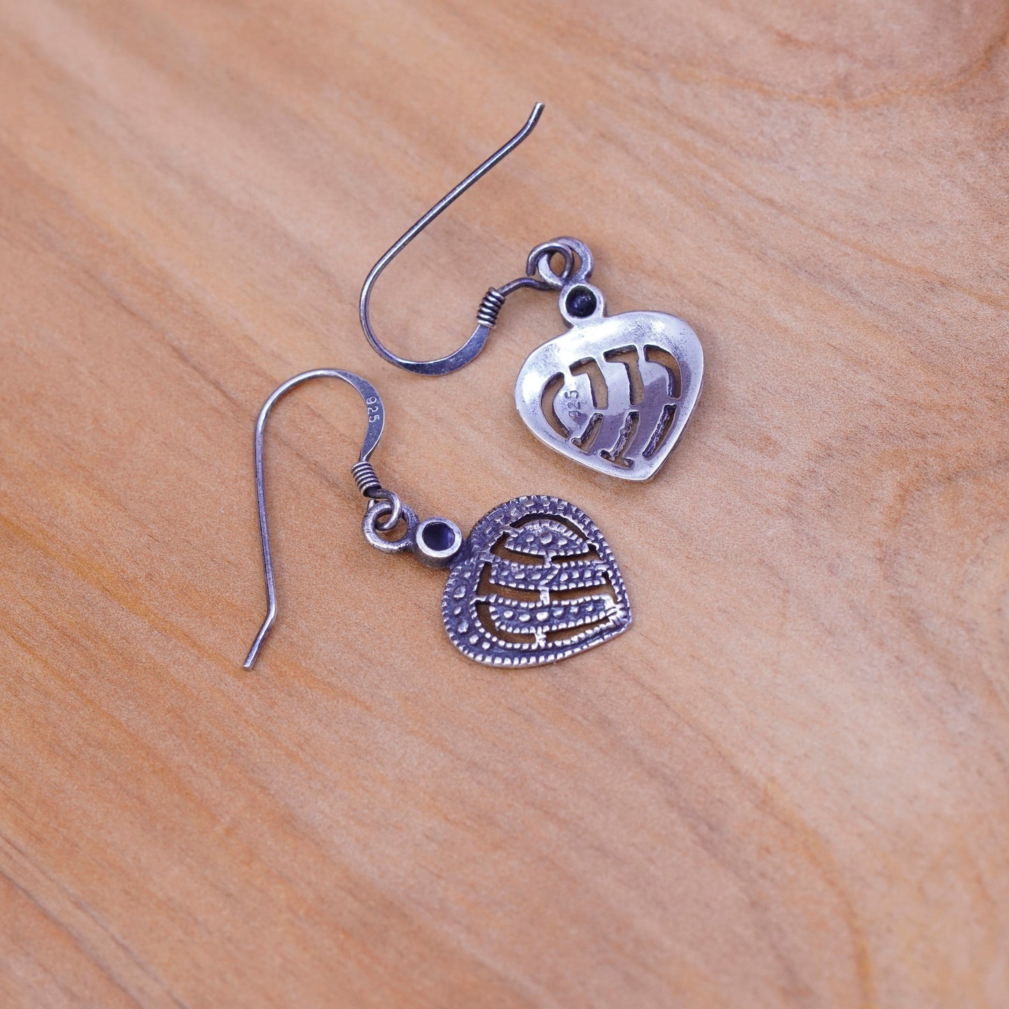 Vintage Sterling 925 silver handmade heart earrings with obsidian