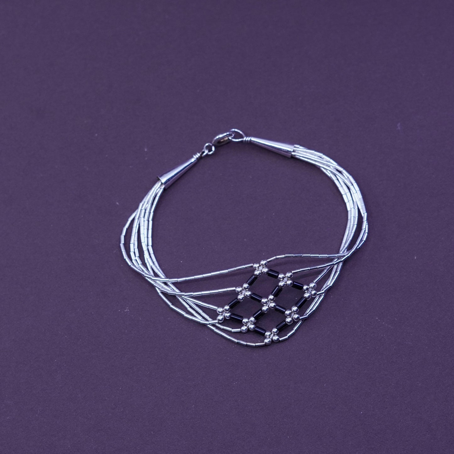 7”, 925 handmade bracelet, 5 multi strands liquid Silver chain with obsidian