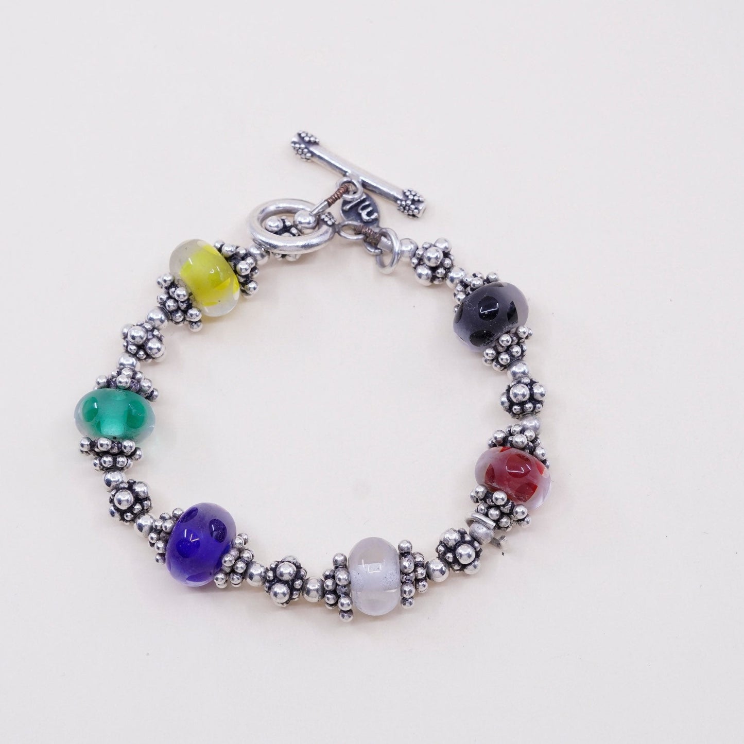 7”, vtg MB Sterling 925 Silver Lampwork Art Glass Bead Toggle Bracelet B0871