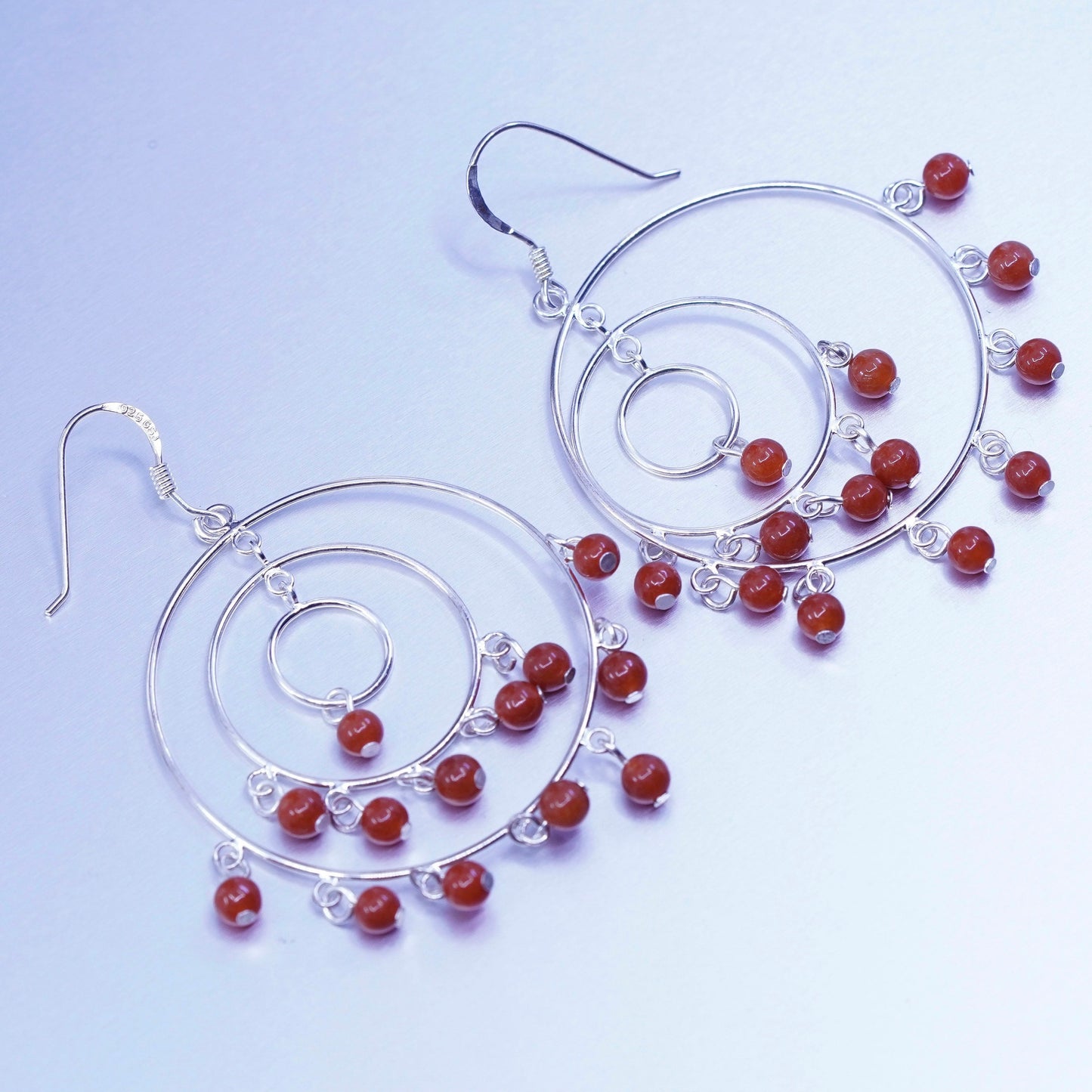Vintage Sterling 925 silver handmade multi circle earrings with carnelian beads